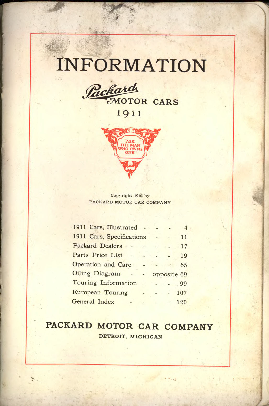 1911 Packard Owners Manual Page 1